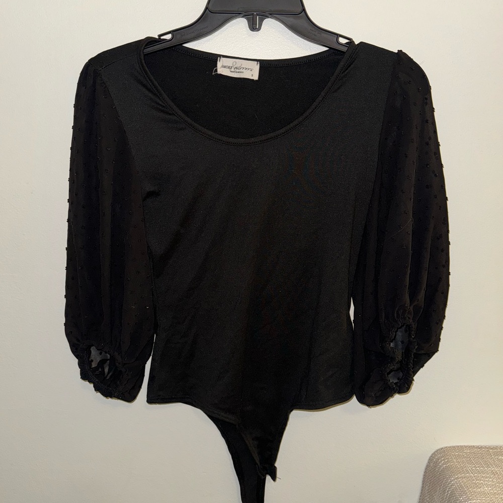 Smoke&Mirrors Black Thong Bodysuit with Polka Dot Mesh Quarter Sleeves
